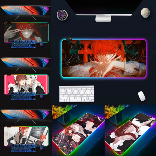Makima Chainsaw Man RGB Pc Gamer Keyboard Mouse Pad Mousepad LED Glowing Mouse Mats Rubber Gaming Computer Mausepad
