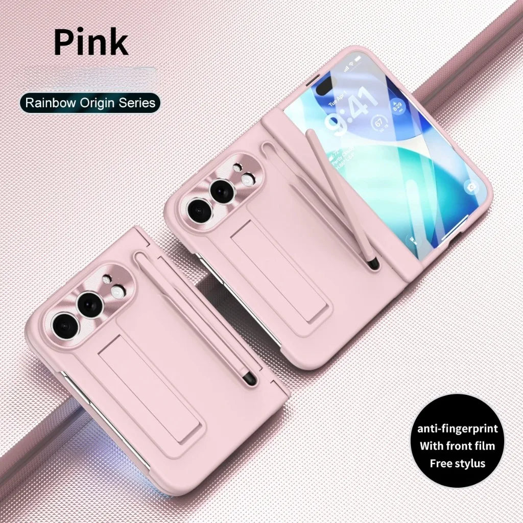Pink folding smartphone case shown open and closed on a light pink textured background, with a stylus inside the case, text reading 'Pink' and 'Rainbow Origin Series,' and a badge saying 'anti-fingerprint With front film Free stylus.'.