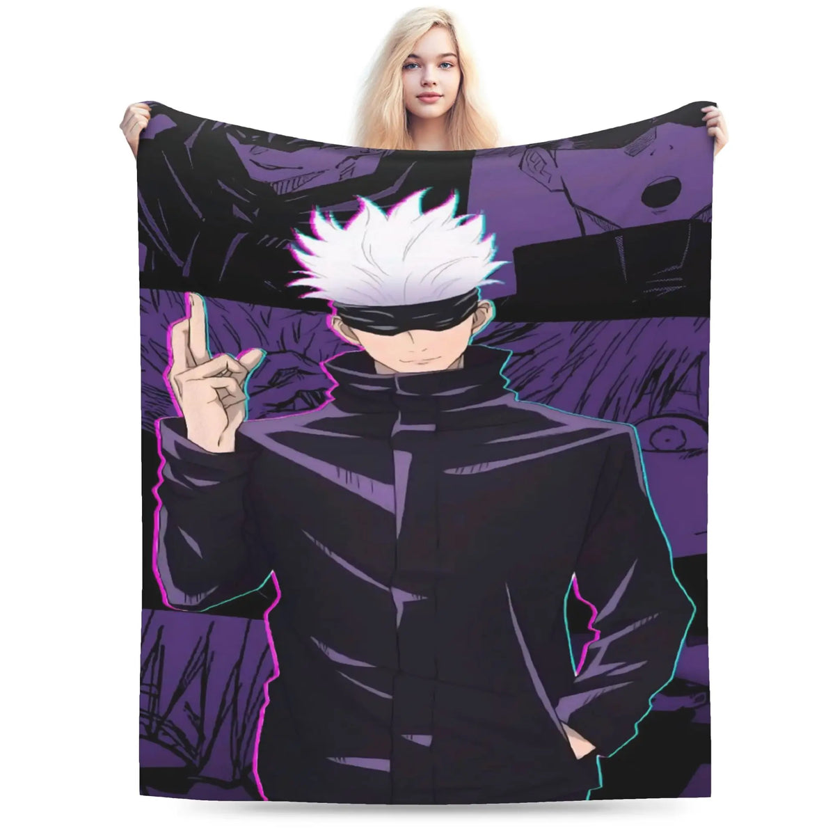 A woman holds up a large blanket or throw featuring an anime-style character with white hair, a black blindfold, and a black jacket over a purple and black illustrated background. The product is shown against a plain white studio background.