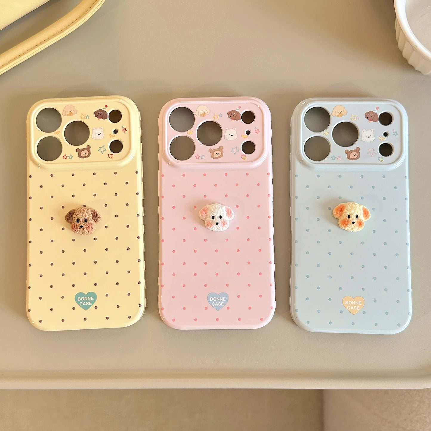 Korean Polka Dots 3D Cartoon Puppy Phone Case For iPhone 17 16 15 14 13 12 Pro Max Candy Colors Shockproof Protective Soft Cover