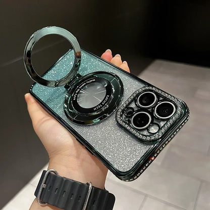 Luxury Glitter Rhinestone for Magsafe Bracket Case for iPhone 15 14 11 12 13 Pro Max Plus Bling Diamond Gradient Stand TPU Cover