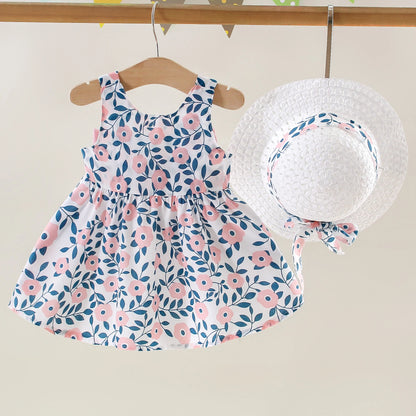 Summer New Girls Dress Halter Ribbon Ribbon Full Print Floral A-line Dress Birthday Party Team Dress + Hat Bow Ribbon