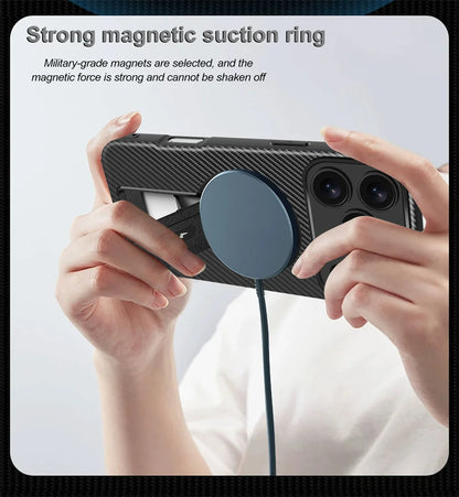 Bracket Carbon Fiber Texture Phone case For iPhone 17 17 Air 17 Pro 17 ProMax Wireless Charge Protect Cover Magnetic Phone Case