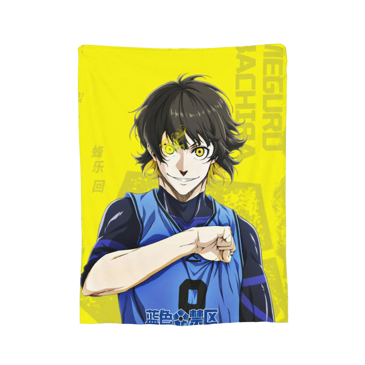 A rectangular anime-themed print or poster featuring a stylized male character with dark hair and glowing yellow eyes, wearing a blue jersey against a bright yellow background with faint text.