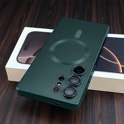 Green phone case on a wooden surface with a blurred product box in the background
