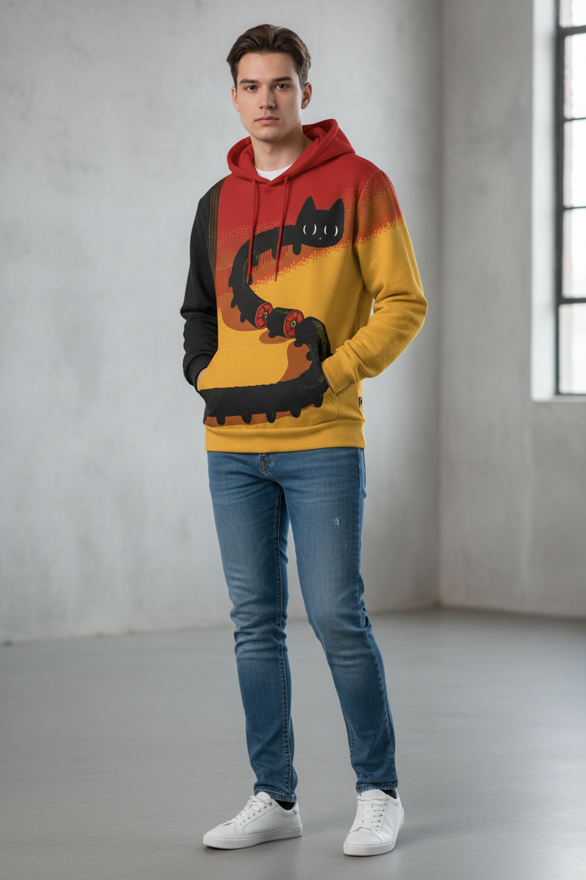 A man wearing a colorful hoodie with a black cat graphic, paired with blue jeans and white sneakers, standing in a minimalist gray room.