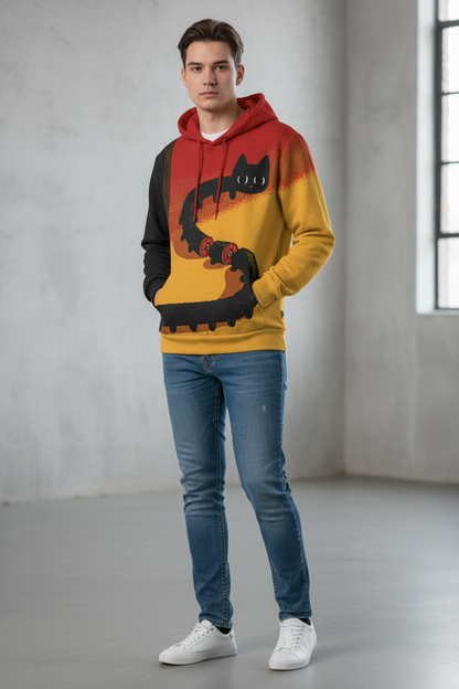 A man wearing a colorful hoodie with a black cat graphic, paired with blue jeans and white sneakers, standing in a minimalist gray room.
