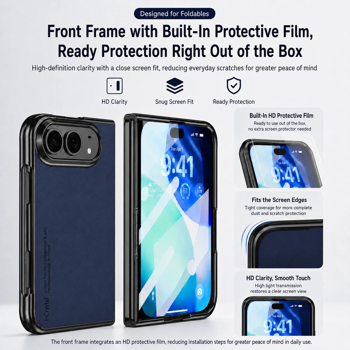 A dark blue and black protective phone case with a built-in HD protective film, shown on a smartphone with various feature callouts and text overlays on a light gray background.