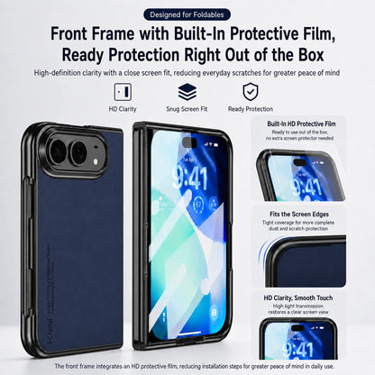 A dark blue and black protective phone case with a built-in HD protective film, shown on a smartphone with various feature callouts and text overlays on a light gray background.