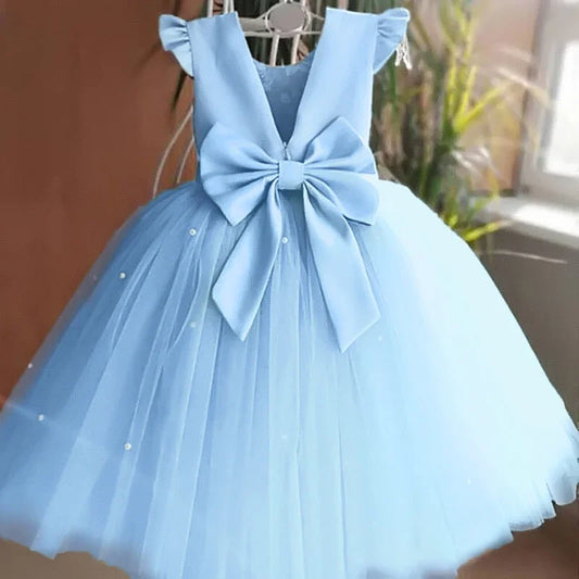 Toddler Girl Flower Birthday Tulle Dress Backless Bow Dressing Gown Kids Party Wear Princess Pink Dress Baby Girl Bowknot Dress