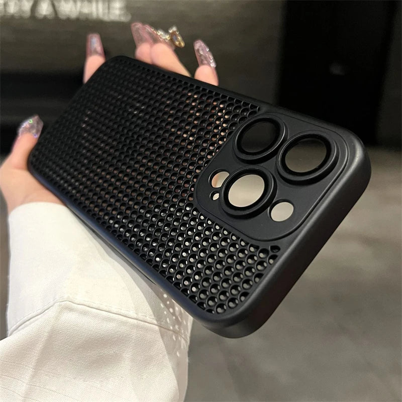 Original Heat Dissipation Breathable Mesh Hole Case For iPhone 16 15 14 11 12 13 Pro Max Plus Lens Protection Shockproof Cover