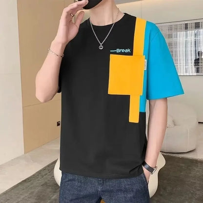 2025 Summer New Men's Short Sleeve T-Shirt Hong Kong Style Loose Fit Versatile Ice Silk Thin Clothing Youth Trendy
