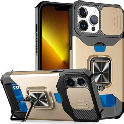 Case For iPhone 16 15 14 13 12 Pro Max Plus 8 7 Plus Mini SE Heavy Duty Protection With Sliding Camera Cover And Card Clip Cover