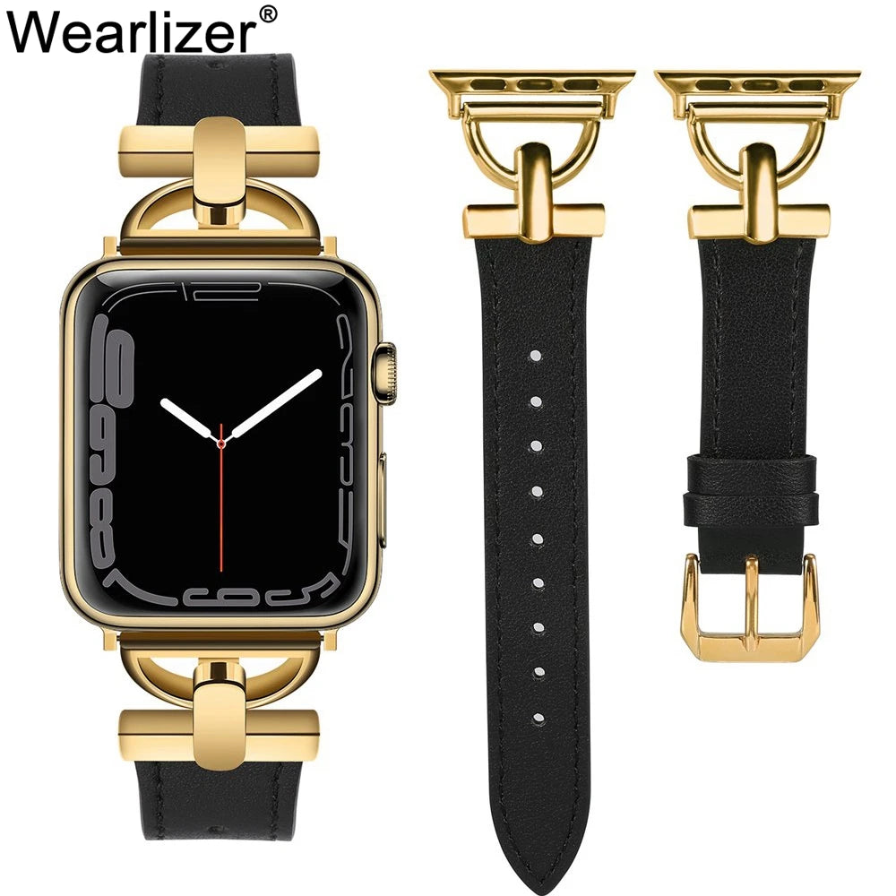 Wearlizer Luxury Leather Band for Apple Watch Women 41mm 40mm 38mm D Shaped Strap for iWatch Series 9 8 7 6 5 4 3 2 1 SE