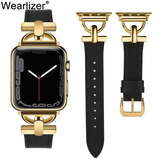 Wearlizer Luxury Leather Band for Apple Watch Women 41mm 40mm 38mm D Shaped Strap for iWatch Series 9 8 7 6 5 4 3 2 1 SE