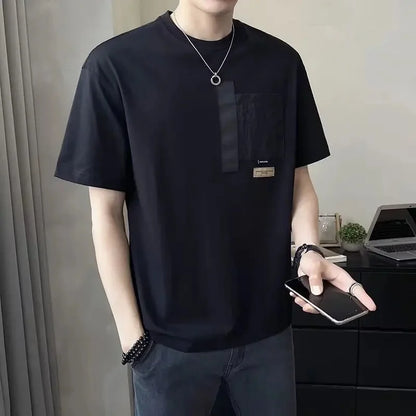 2025 Summer New Men's Short Sleeve T-Shirt Hong Kong Style Loose Fit Versatile Ice Silk Thin Clothing Youth Trendy
