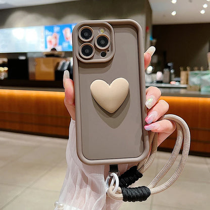 Luxury 3D Love Heart Matte Soft Lanyard Rope Phone Case For iPhone 16 15 14 13 12 11 Pro Max X XS XR 7 8 Plus Shockproof Cover