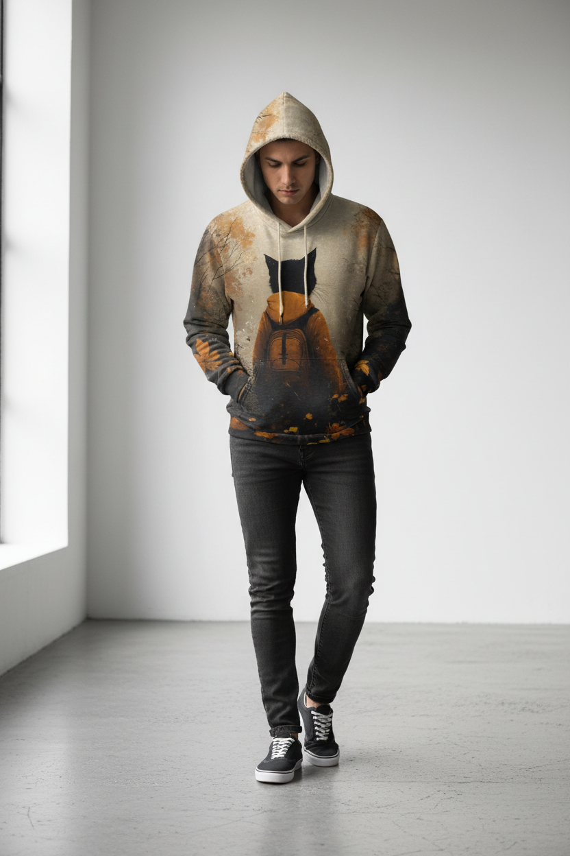 A man wearing a hooded sweatshirt with a detailed graphic print of a black cat wearing sunglasses, styled with black jeans and black sneakers, standing in a minimalist white room.