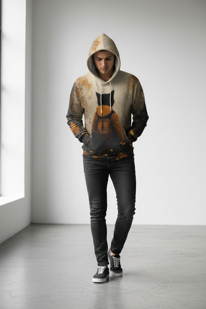 A man wearing a hooded sweatshirt with a detailed graphic print of a black cat wearing sunglasses, styled with black jeans and black sneakers, standing in a minimalist white room.