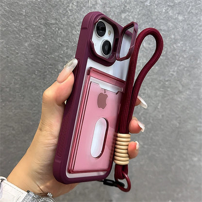 Acrylic Card Holder Fold Camera Bracket Clear Case for iPhone 16 15 14 13 12 11 Pro Max Plus Wrist Hand Strap Shockproof Cover