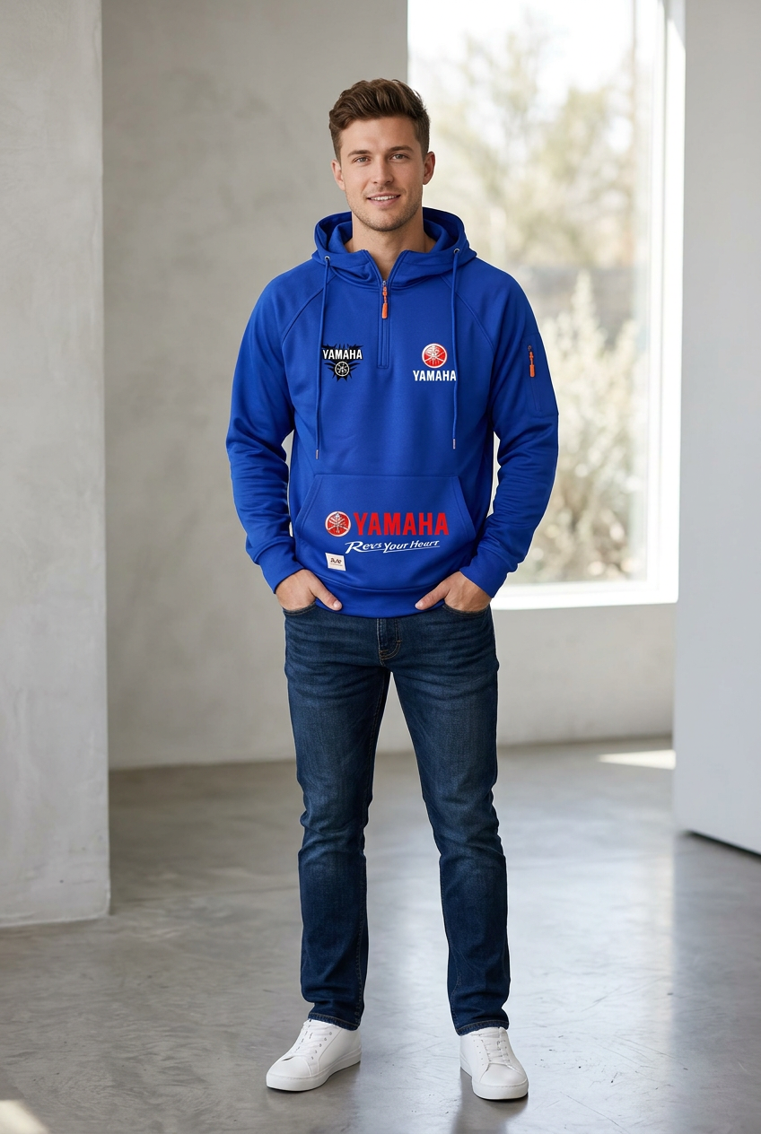 2026 Yamaha Autumn/Winter Retro Heavyweight Men’s Fleece Hooded Sweatshirt – Long-Sleeved Motorcycle Casual Jacket