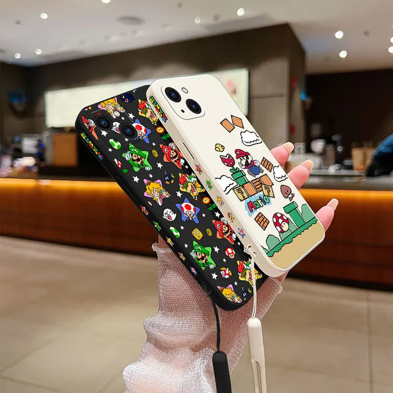 Cartoon Marioes Hot Amine Cute Phone Case For iPhone 15 14 13 12 11 Pro Max Mini XR XS MAX SE20 8 Plus Silicone with Hand Strap