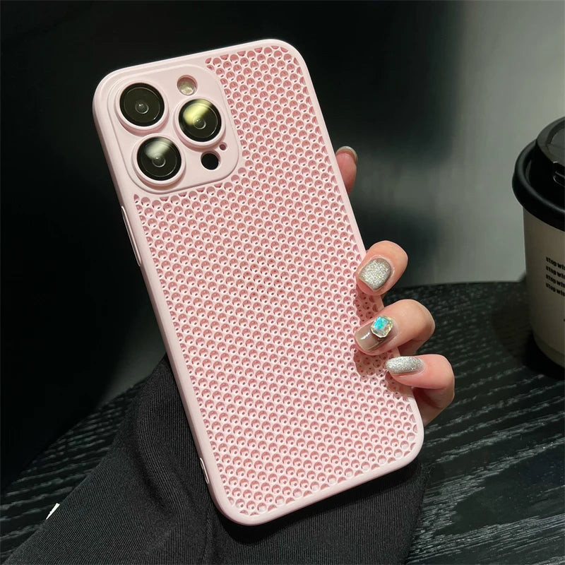 Original Heat Dissipation Breathable Mesh Hole Case For iPhone 16 15 14 11 12 13 Pro Max Plus Lens Protection Shockproof Cover