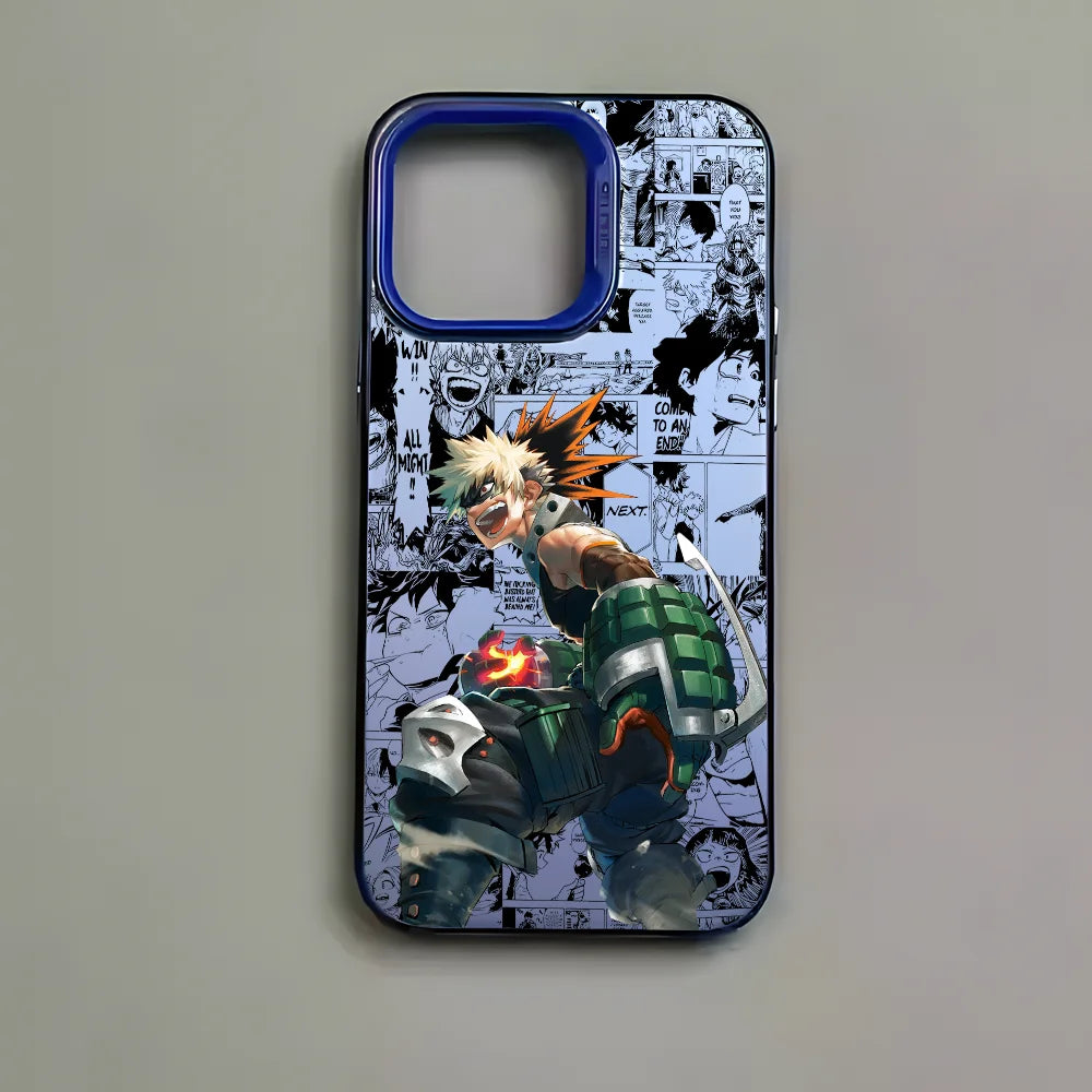 Katsuki Bakugo Anime Phone Case for iPhone 16 15 14 13 12 11 Pro Max - Black Matte Multicolor Laser Metallic Aurora Cover