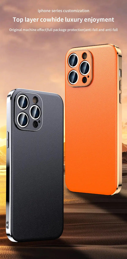 Genuine Cowhide Leather Phone Case for iPhone 16 15 11 12 13 14 Pro Max Luxury Plating Shockproof Lens Protection Back Cover