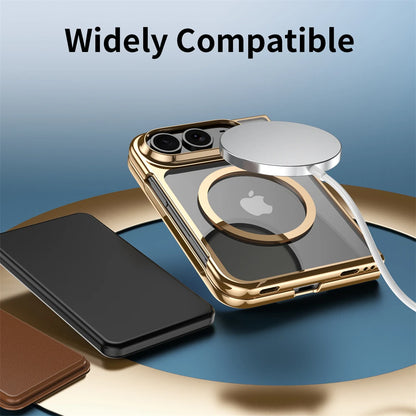 A transparent phone case with a gold metallic bumper and MagSafe ring, shown fitted on a smartphone. A black folio-style case and a brown leather case are placed beside it on a blue and gold circular platform, with the text 'Widely Compatible' at the top.