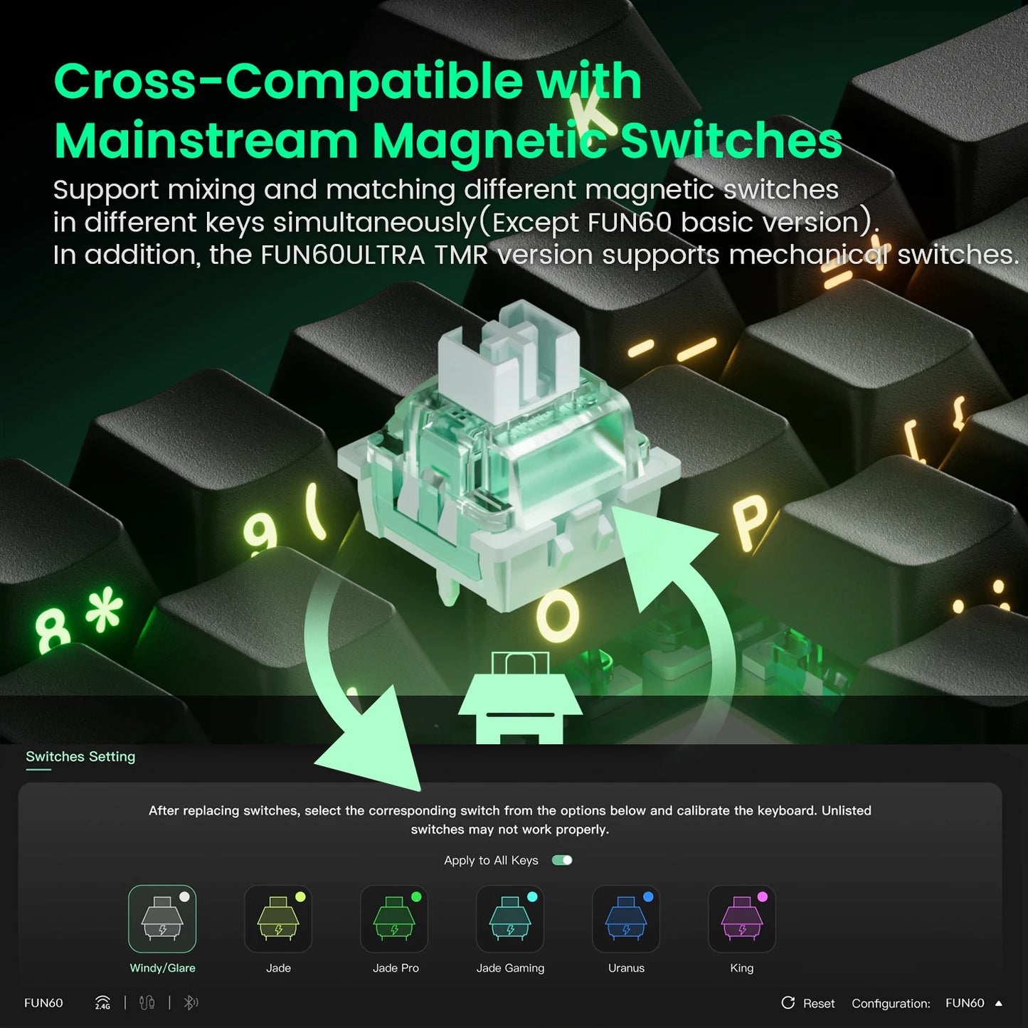 Akko MonsGeek FUN60 magnetic switch keyboard. Closeup showing green magnetic switch and compatibility UI
