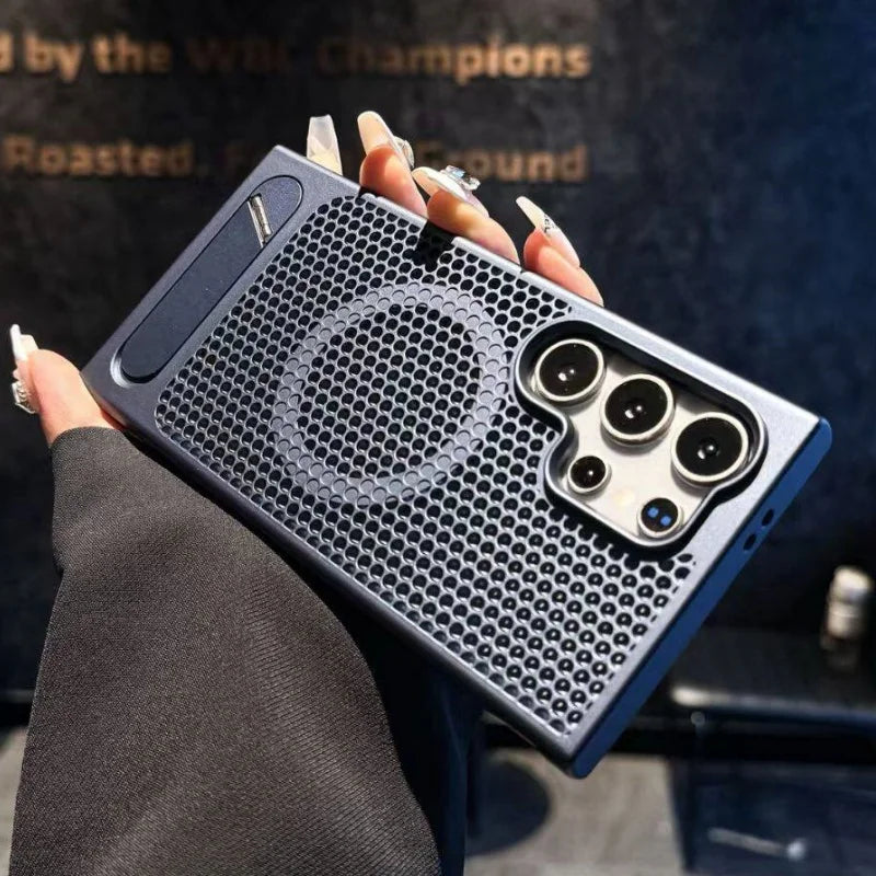 Person holding a phone case with a unique design, featuring a textured surface and camera module.