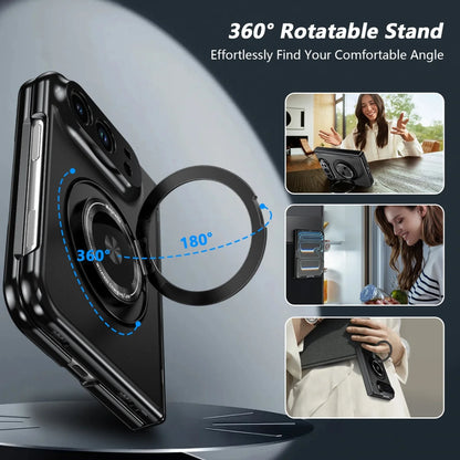 Black magnetic phone case with a 360-degree rotating stand, shown with blue angle indicators and three lifestyle inset photos demonstrating its use.