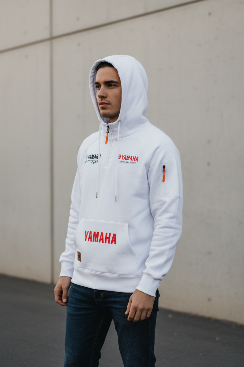 A man wearing a white Yamaha hoodie with red and black graphics, paired with dark blue jeans, standing against a concrete wall.