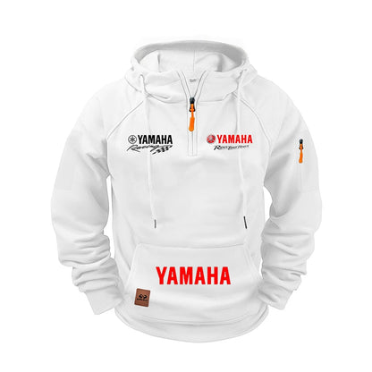 White hoodie with Yamaha branding on a white background