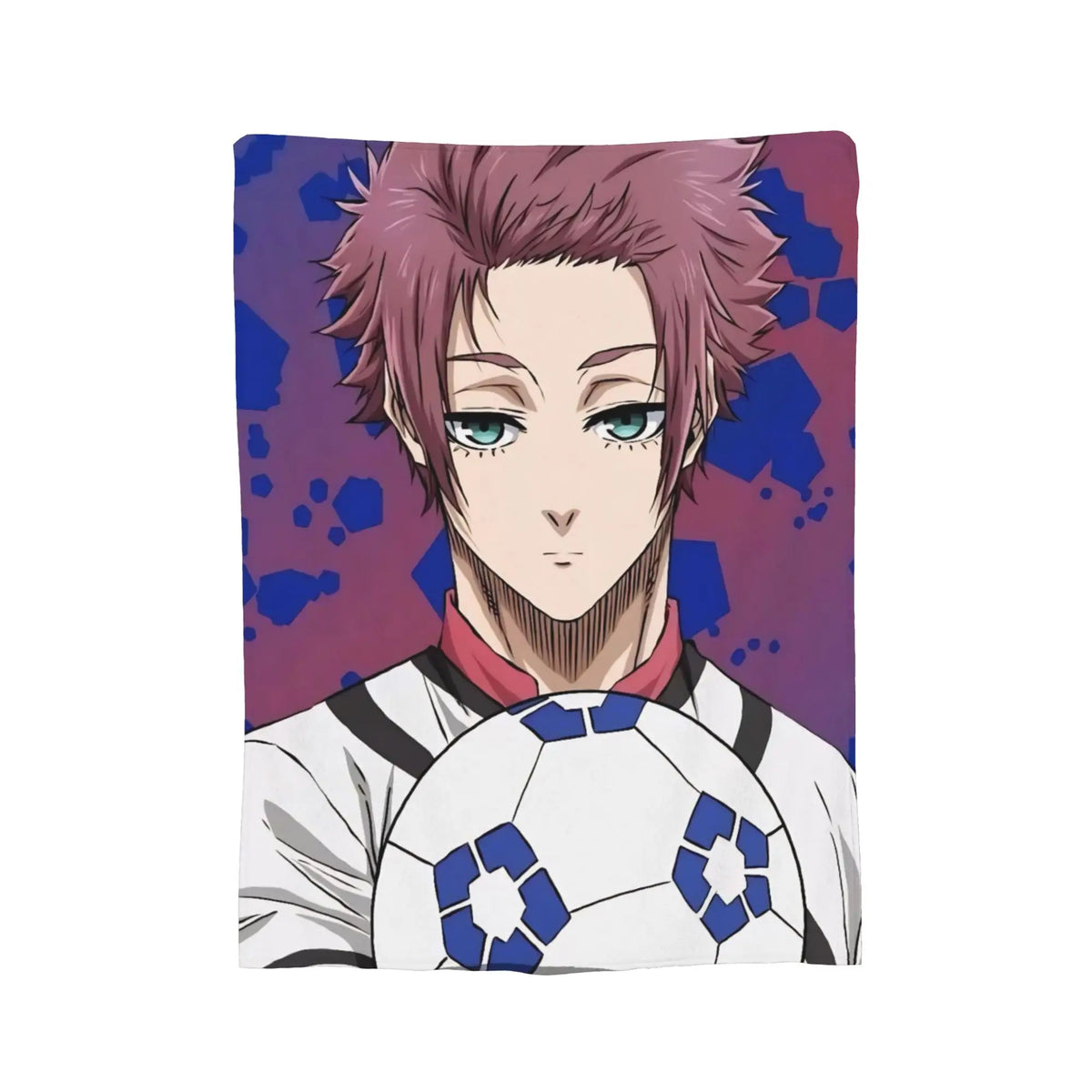 A rectangular printed item featuring an anime-style character with pink hair holding a soccer ball, shown against a plain white background.