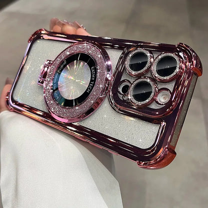 Double Bling Glitter Magsafe Bracket Case for iPhone 16 Pro Max Plus Transparent Plating Cover for iPhone 13 12 11 14 15 Pro Max