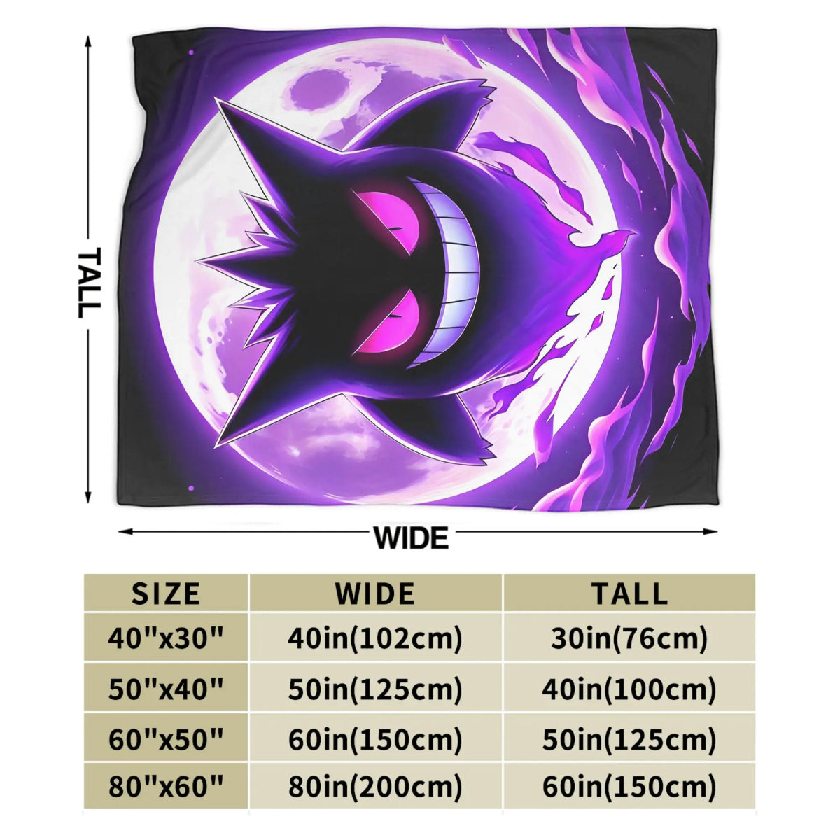 A wall tapestry featuring a stylized purple and black cat-like character in front of a glowing moon, shown with measurement arrows and a size chart below. The tapestry is black with a large purple and pink graphic, and the chart lists size options in inches and centimeters.