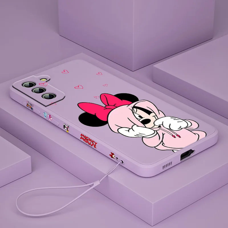 Mickey💙Mouse character case For Samsung Galaxy S24 S23 Note 20 Liquid Left Rope Phone Case