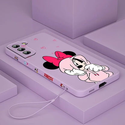Mickey💙Mouse character case For Samsung Galaxy S24 S23 Note 20 Liquid Left Rope Phone Case