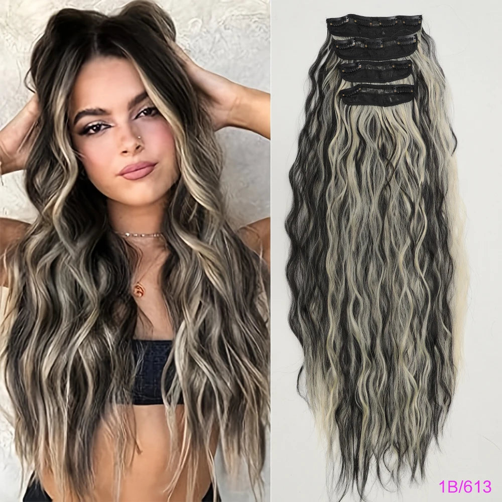 Voluminous Brown-Blonde Clip-In Extensions: 60.96 cm Wavy & Curly Synthetic Hair Set