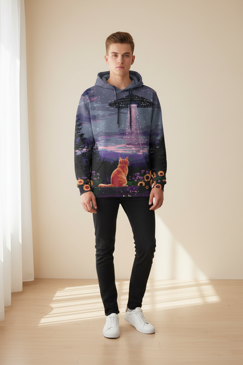 A man modeling a dark purple and black pullover hoodie with a colorful graphic print of a cat in a field under a UFO, paired with black pants and white sneakers, standing in a brightly lit room.
