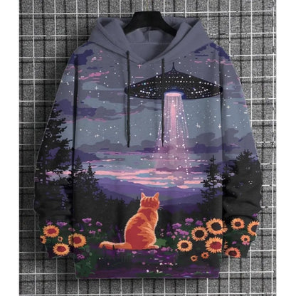A pullover hoodie with a detailed graphic print featuring an orange cat sitting in a field of flowers under a starry night sky with a UFO emitting a beam of light. The hoodie is displayed on a black hanger against a gray grid background.