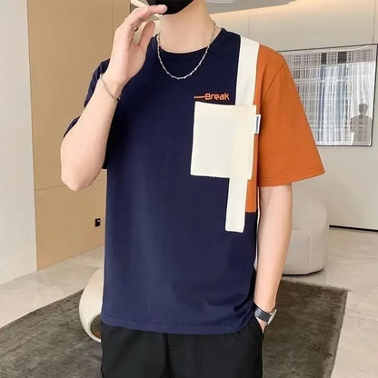 2025 Summer New Men's Short Sleeve T-Shirt Hong Kong Style Loose Fit Versatile Ice Silk Thin Clothing Youth Trendy