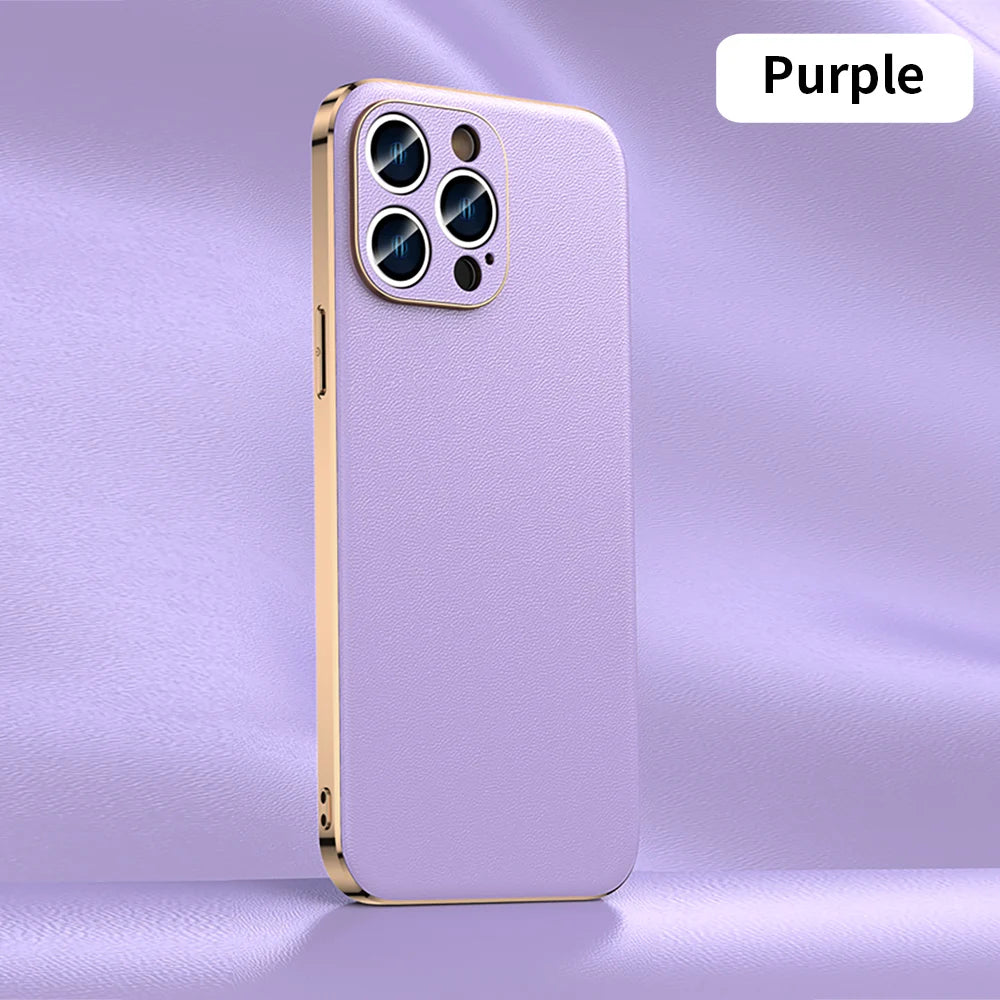 Genuine Cowhide Leather Phone Case for iPhone 16 15 11 12 13 14 Pro Max Luxury Plating Shockproof Lens Protection Back Cover