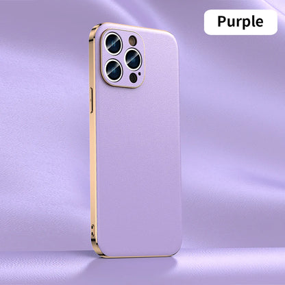 Genuine Cowhide Leather Phone Case for iPhone 16 15 11 12 13 14 Pro Max Luxury Plating Shockproof Lens Protection Back Cover