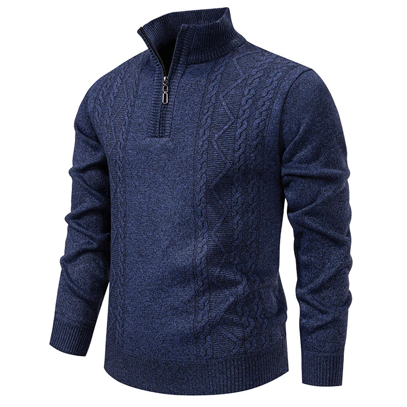Winter Fleece-Lined Stand Collar Half-Zip Pullover Knitted Sweater for Men,Multi-Color Versatile Casual  Men's Knit Sweater