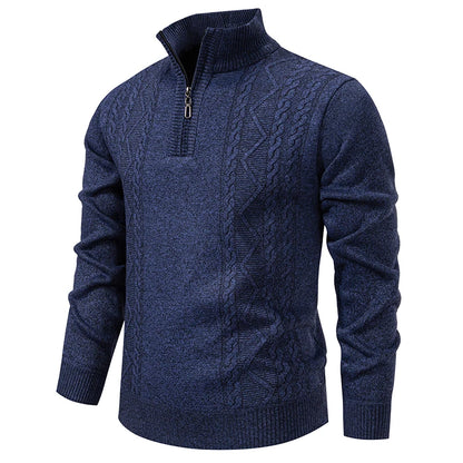 Winter Fleece-Lined Stand Collar Half-Zip Pullover Knitted Sweater for Men,Multi-Color Versatile Casual  Men's Knit Sweater