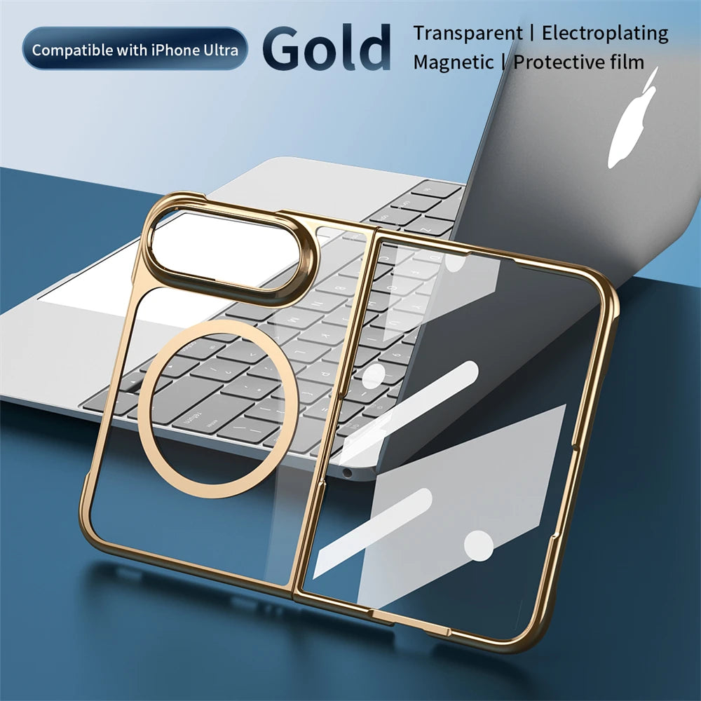 Transparent phone case with a gold metallic frame and magnetic ring, shown fitted on a smartphone and placed over a laptop on a blue surface. Text at the top says compatible with iPhone Ultra and highlights transparent, electroplating, magnetic, and protective film features.