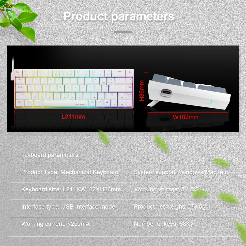 E-YOOSO Z686 RGB USB 60% Mini slim Mechanical Gaming Wired Keyboard Red Switch 68 Keys Gamer for Compute PC Laptop
